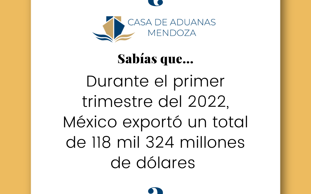 Durante el primer trimestre del 2022, México exportó un total de 118 mil 324 millones de dólares.